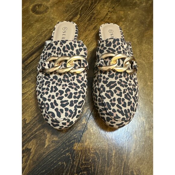 New Serra Leopard Print Slip-On Mules With Gold Chain Accent 7 Preppy Maximalist - Picture 2 of 10